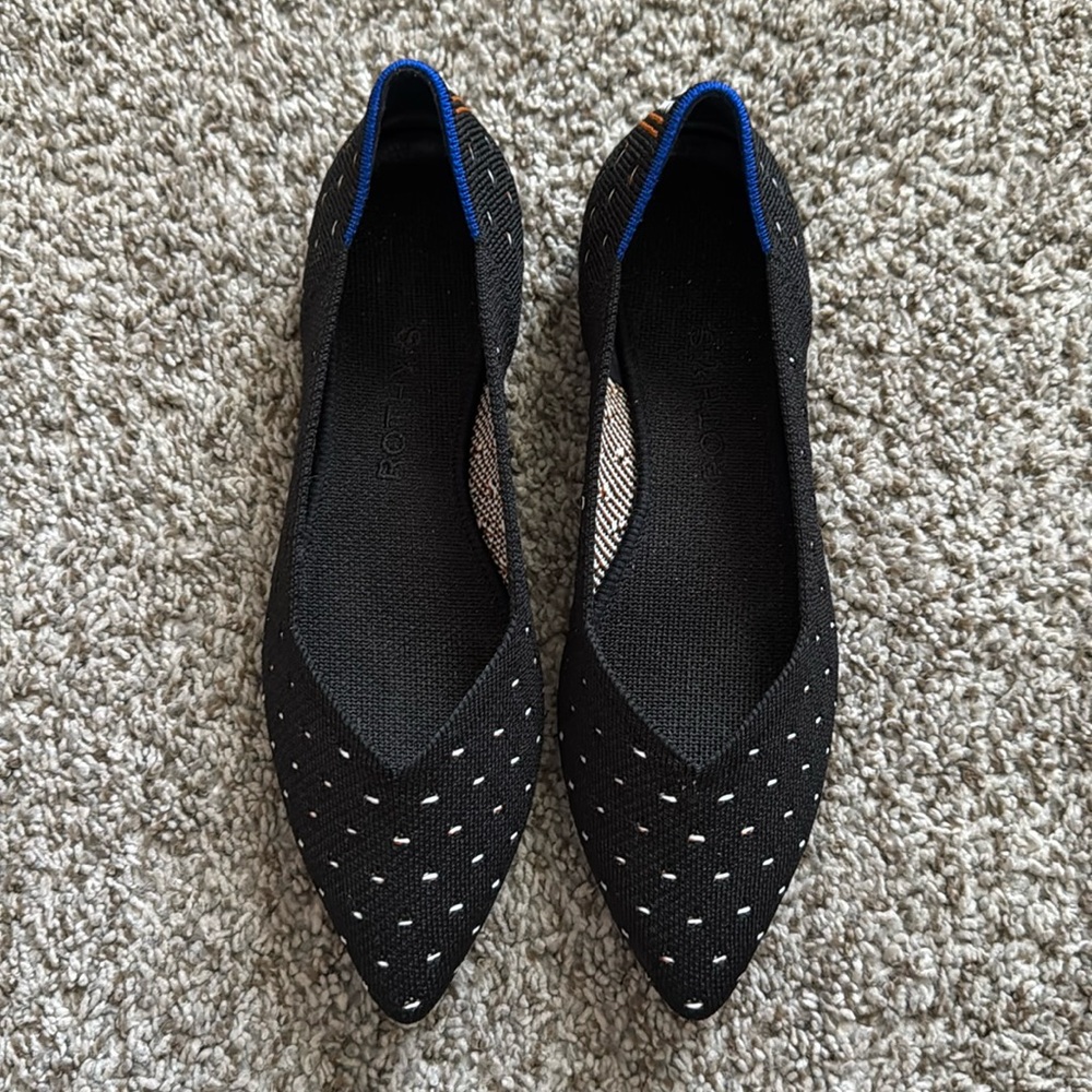 Rothy's Black Pointed Knit Flats with White Dot Accents and Blue Trim
